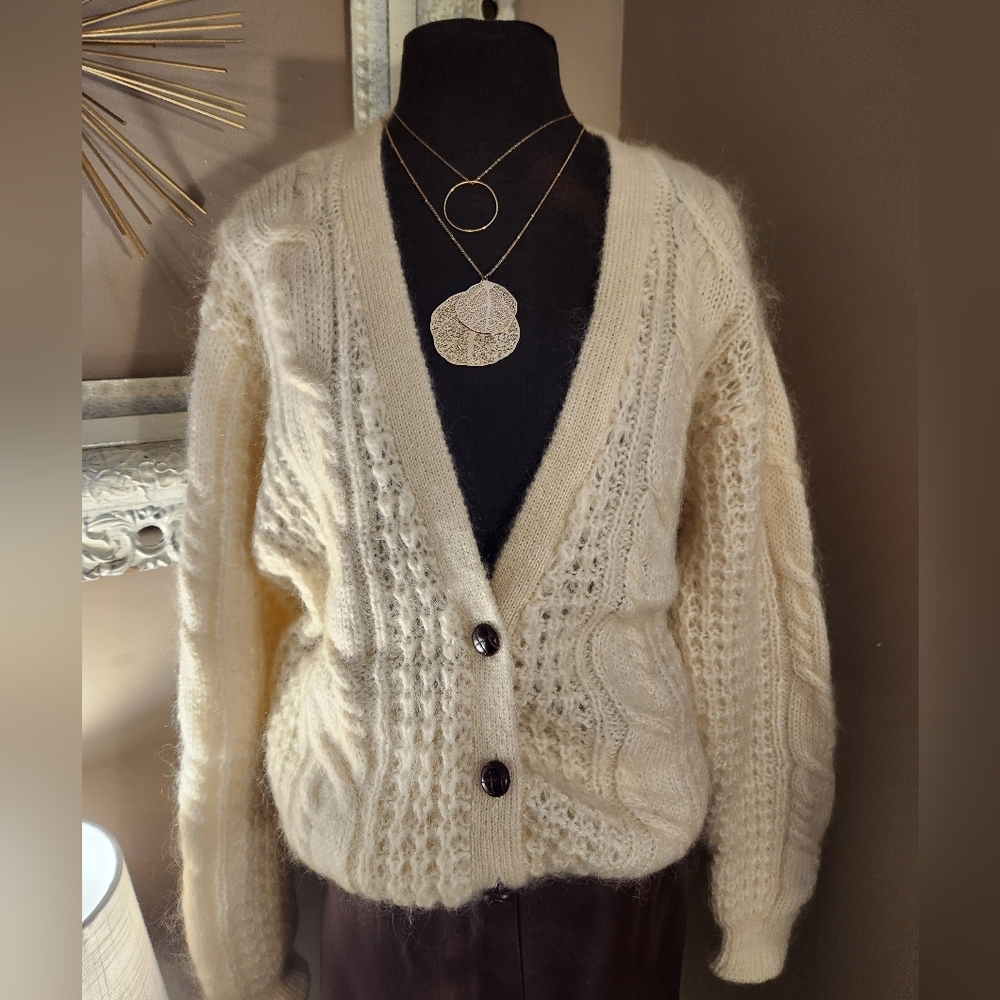 Karen Scott Cream Cable Knit Mohair-Blend Cardigan